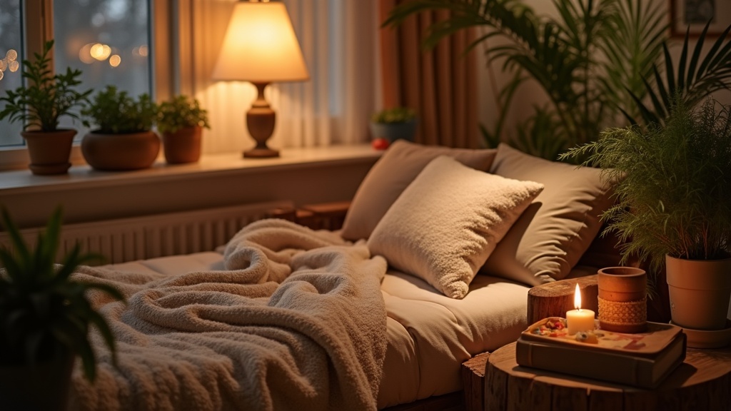 Calm, cozy home relaxation nook with soft lighting, indoor plants, natural textures, and plush seating.